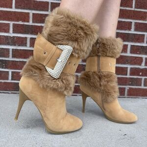 Selina by Summer Rio Faux Fur Rhinestone Buckle Stiletto Boots Size 8
